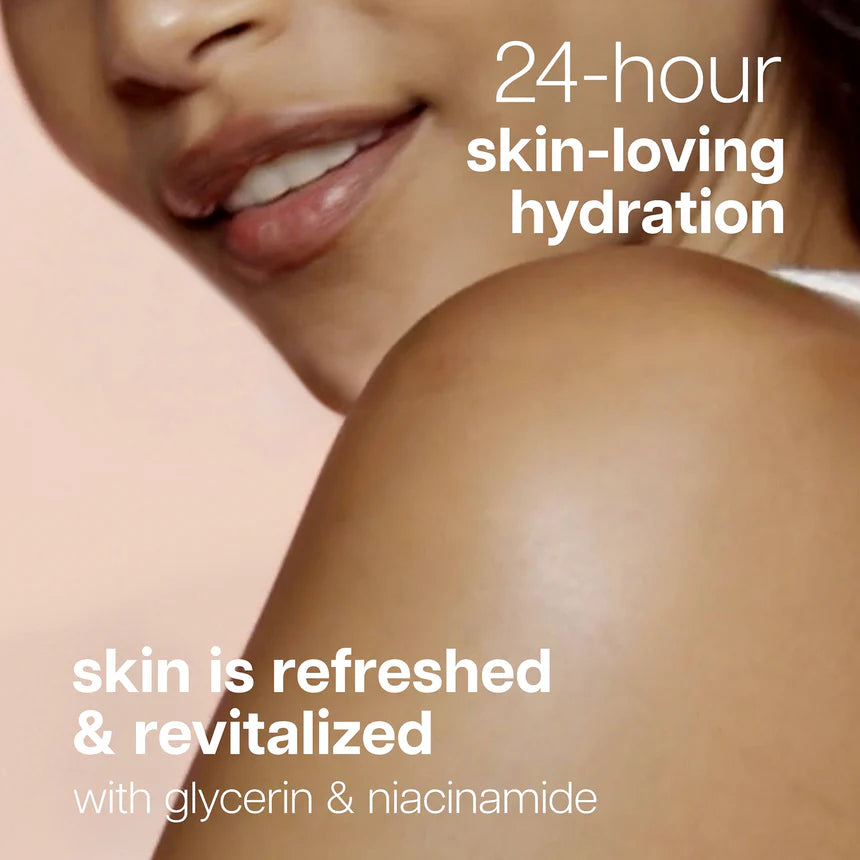 Advertisement for skin care product with text about 24-hour hydration and ingredients.