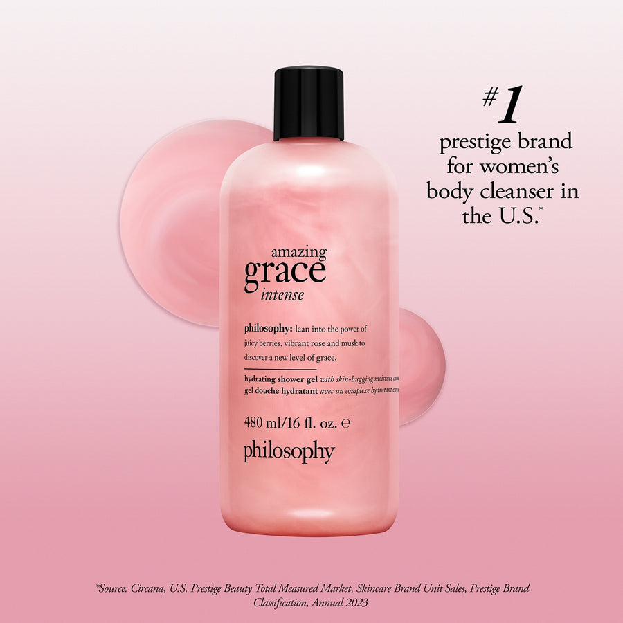 amazing grace intense hydrating shower gel product image contains text: #1 prestige brand for women's body cleanser in the U.S.*, Source, Circana, U.S. Prestige Beauty Total Measured Market, Skincare Brand Unit Sales, Prestige Brand Classification, Annual 2023