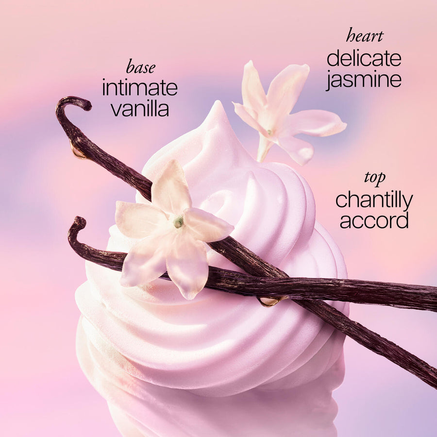 fresh cream silk cloud eau de parfum product image contains text : base intimate vanilla, heart delicate jasmine, top chantilly accord