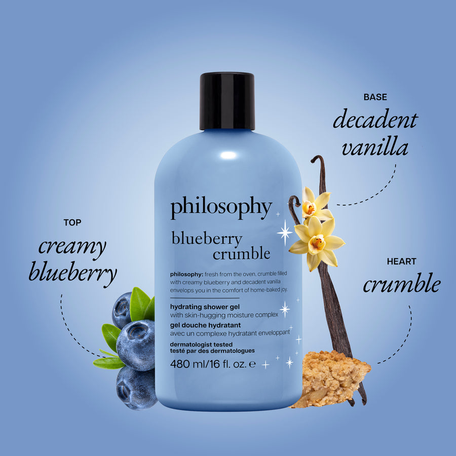 Philosophy Blueberry Crumble hydrating shower gel in a light blue bottle with a black cap, centered on a blue gradient background with blueberry, vanilla, and crumb graphics and text labels.