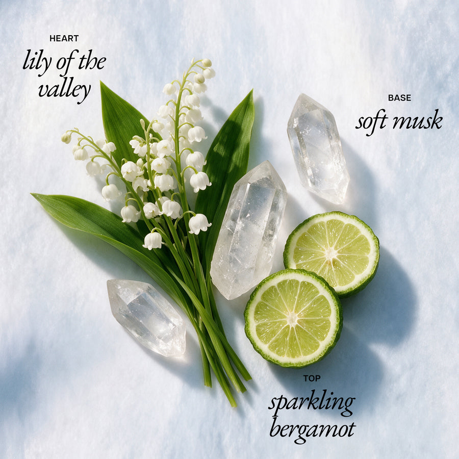 A styled flat-lay of fragrance notes on a pale icy blue background: white lily of the valley flowers with green leaves, clear crystal-like beads, and two lime slices. Black script text labels the notes: 'heart lily of the valley,' 'base soft musk,' and 'top sparkling bergamot.